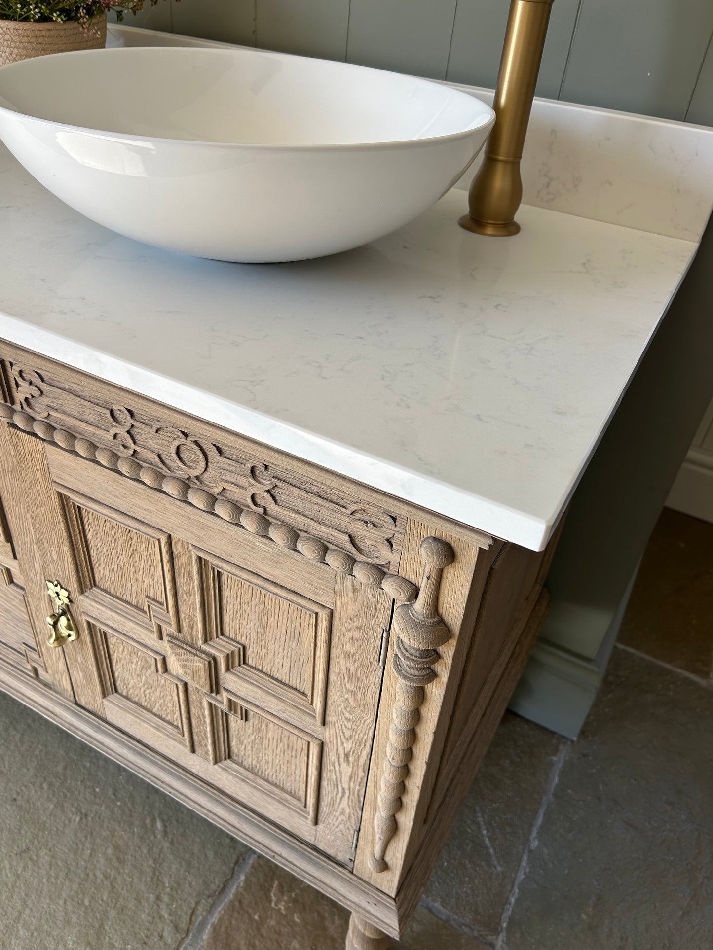 Vintage Solid Oak Vanity Sink, Quartz top, Upstand and basins. 155cm wide