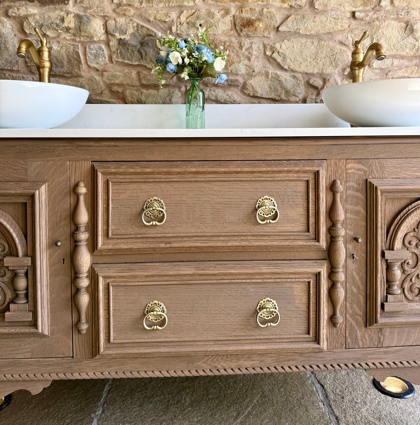Large Vintage Double Oak Vanity Sink Unit, Quartz Top, Upstand and Basins (170cm wide)