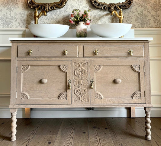 Vintage Light Oak Double Vanity Sink Unit, Carrara Quartz Top, Upstand and Basins (121cm wide)