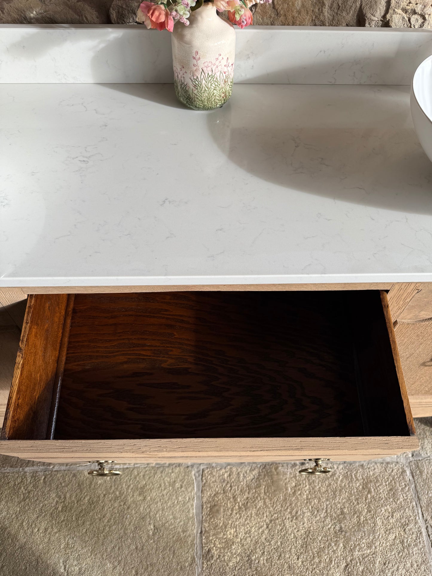 Vintage Oak (walnut inlay) Double Vanity Sink Unit, Carrara Quartz Top, Upstand and two basins. (152cm wide)