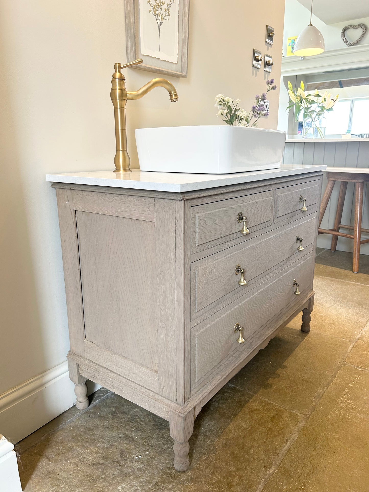 Large vintage Single Marble Quartz top vanity sink