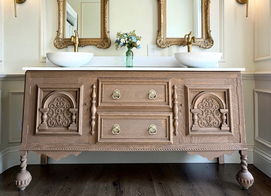Large Vintage Double Oak Vanity Sink Unit, Quartz Top, Upstand and Basins (170cm wide)