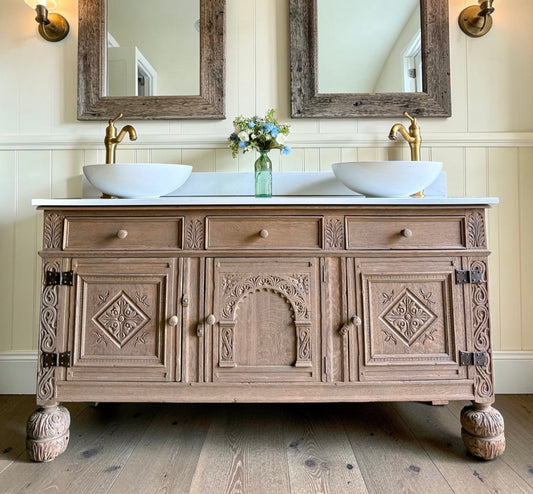 Rustic Antique Oak Vanity Sink Unit, Carrara Quartz Top, Upstand and Two Basins