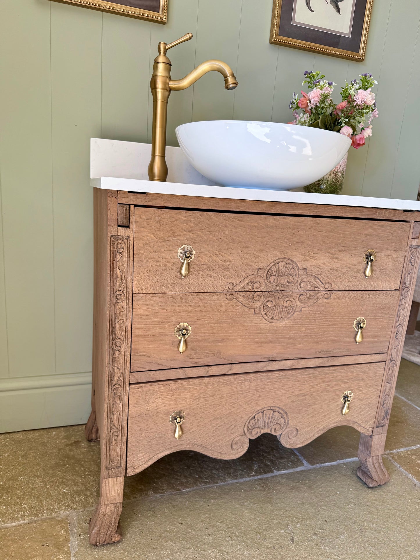 Antique Oak Small Vanity Sink Quartz top, Upstand and basin (75cm wide)
