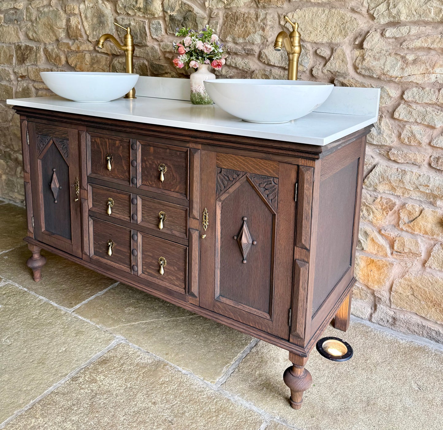 Classic Dark Oak Double Vanity Sink Unit, Quartz Top, Upstand and Two Basins (138cm wide)