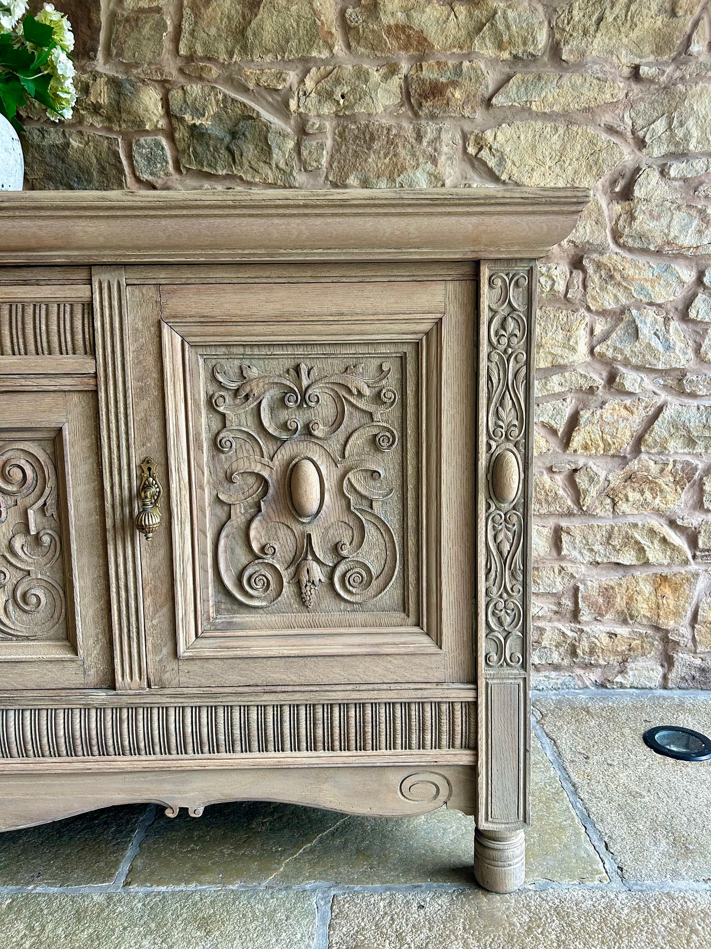 Extra Large Ornate Solid Oak Sideboard finished in a light weathered oak finish.