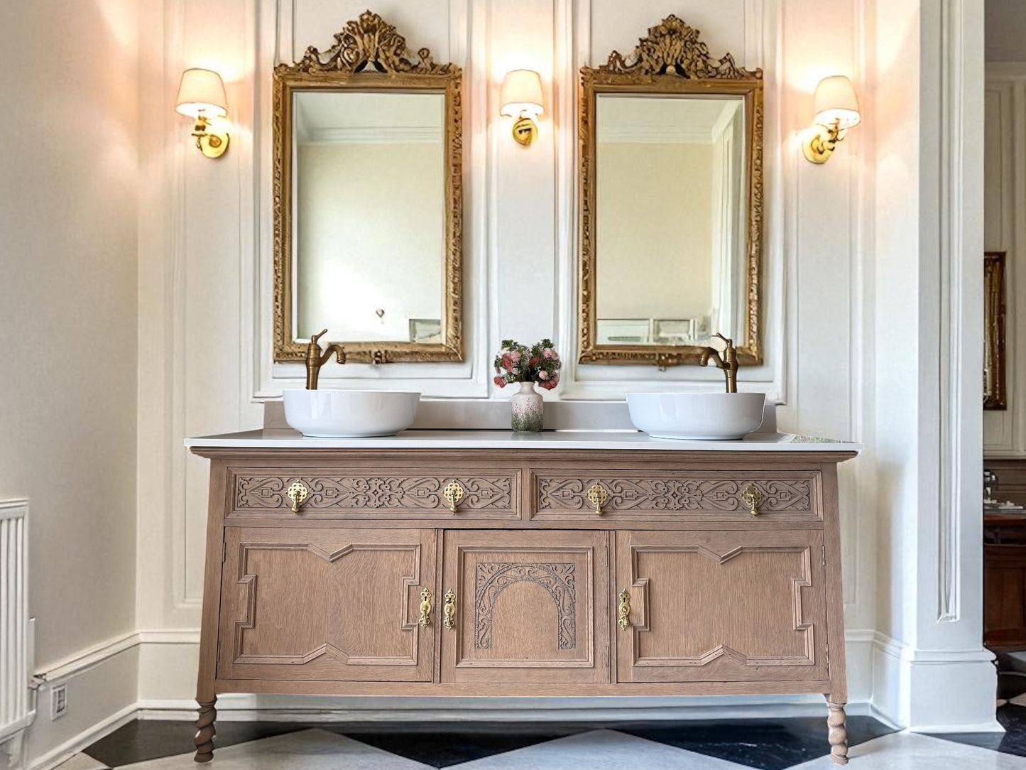 Large Double Vanity Sink, Quartz top, Upstand and two basins (186cm wide)