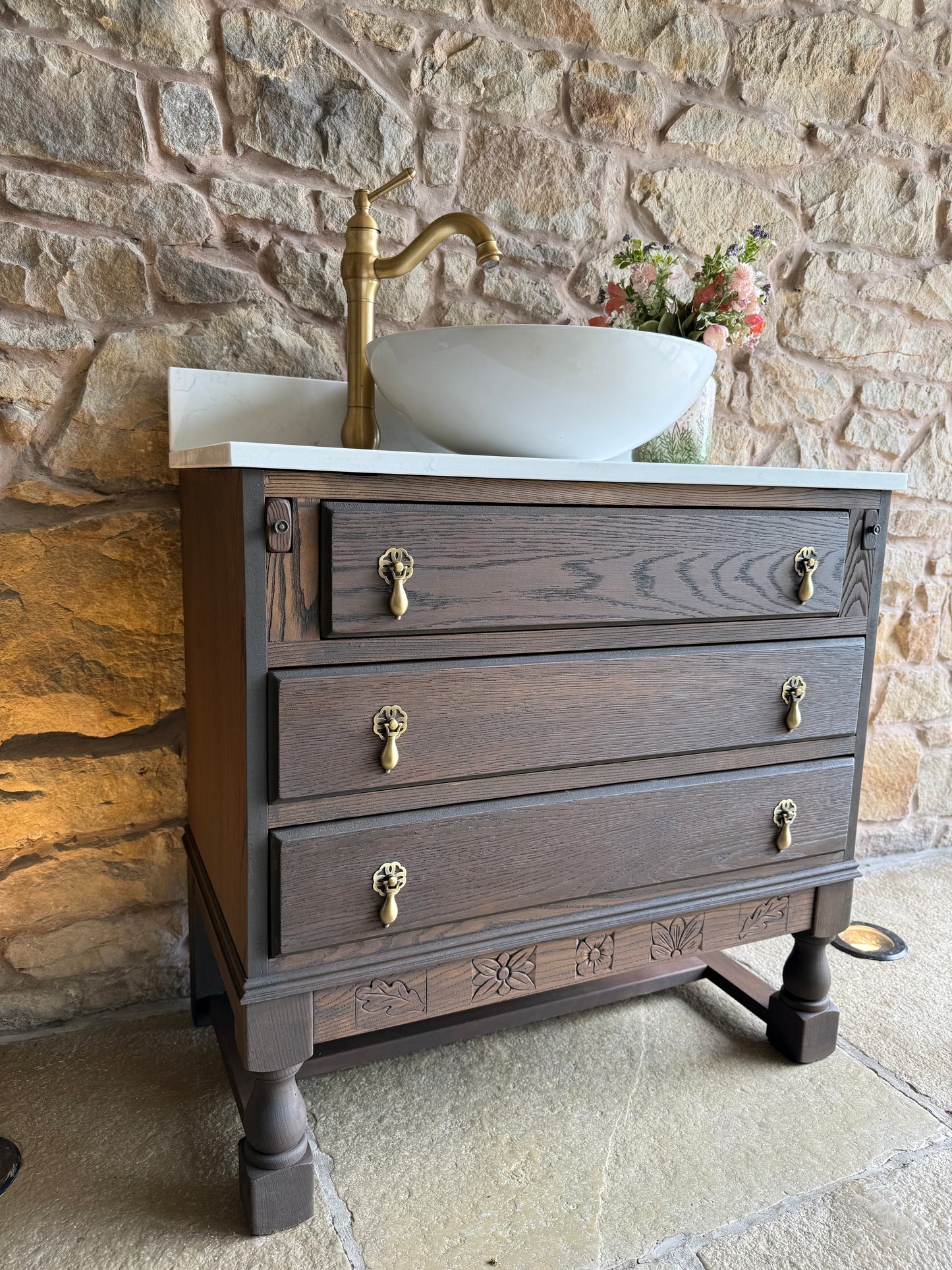 Classic Dark Oak Vanity Sink, Quartz Top, Upstand and basin (79cm wide)