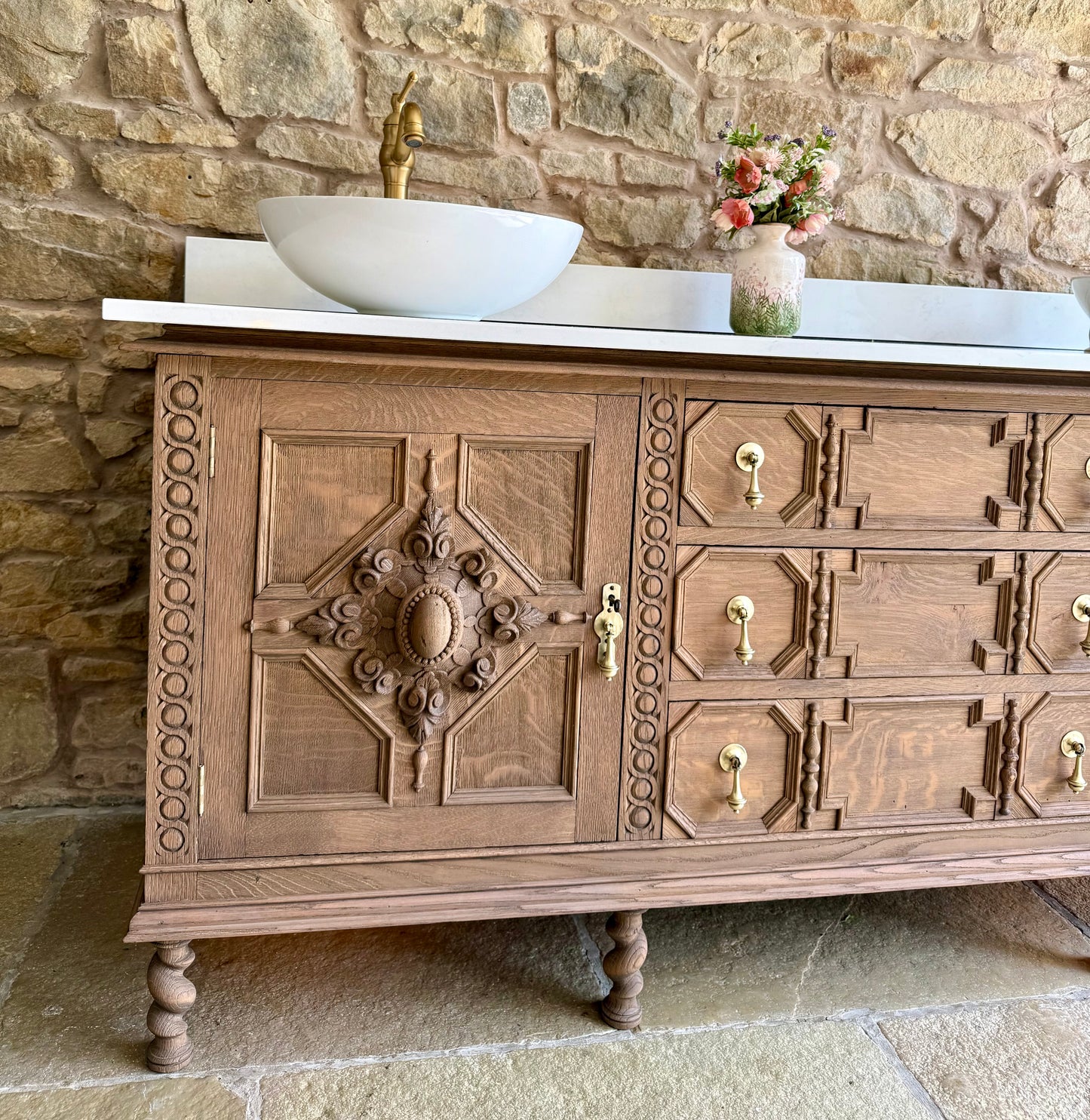 Large Carved Antique Solid Oak Vanity Sink Unit, Carrara Quartz Top, Upstand and TwoBasins.(182 cm wide)
