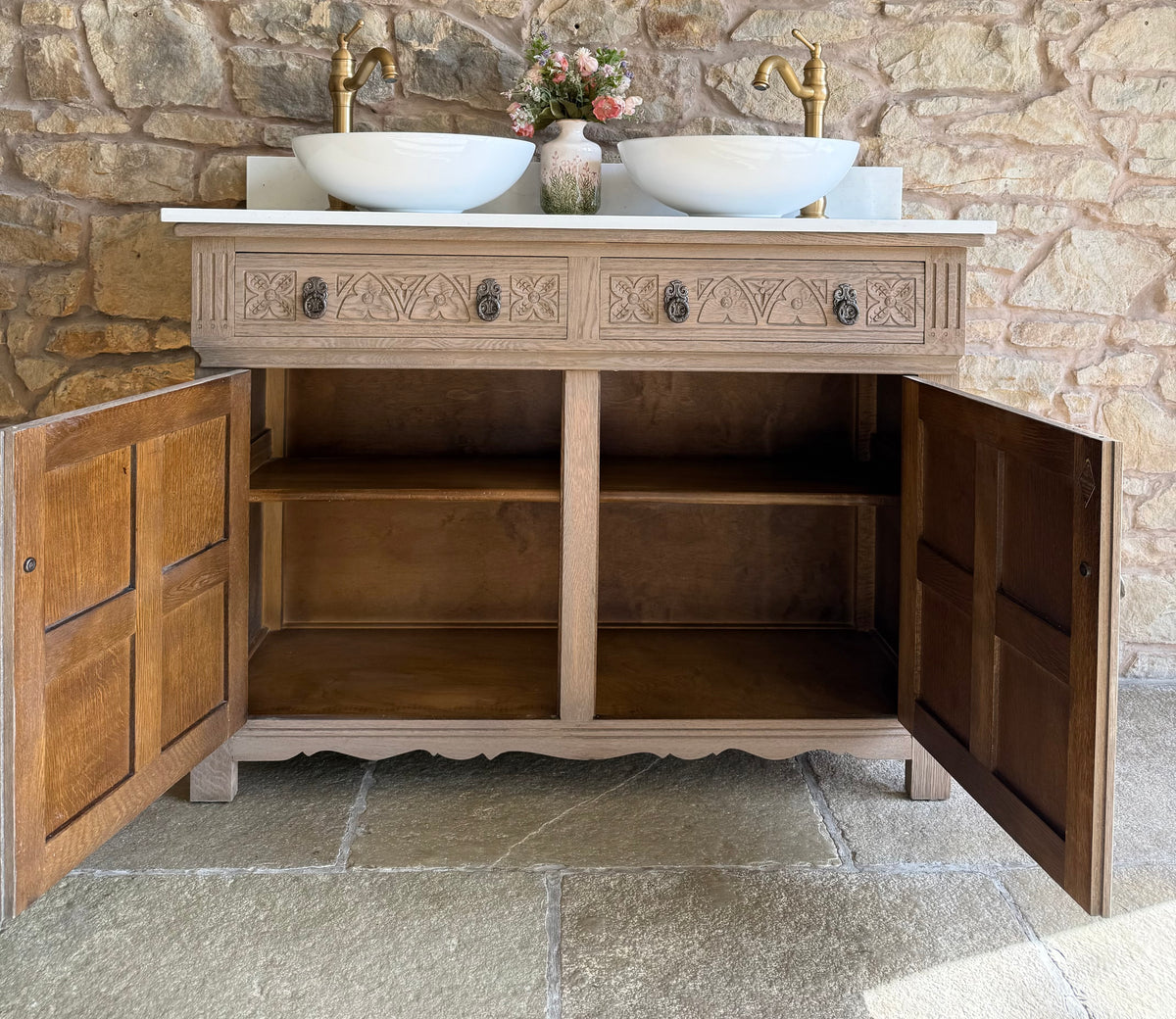 Rustic Oak Vanity Sink Unit, Quartz top, Upstand and two basins(124cm)
