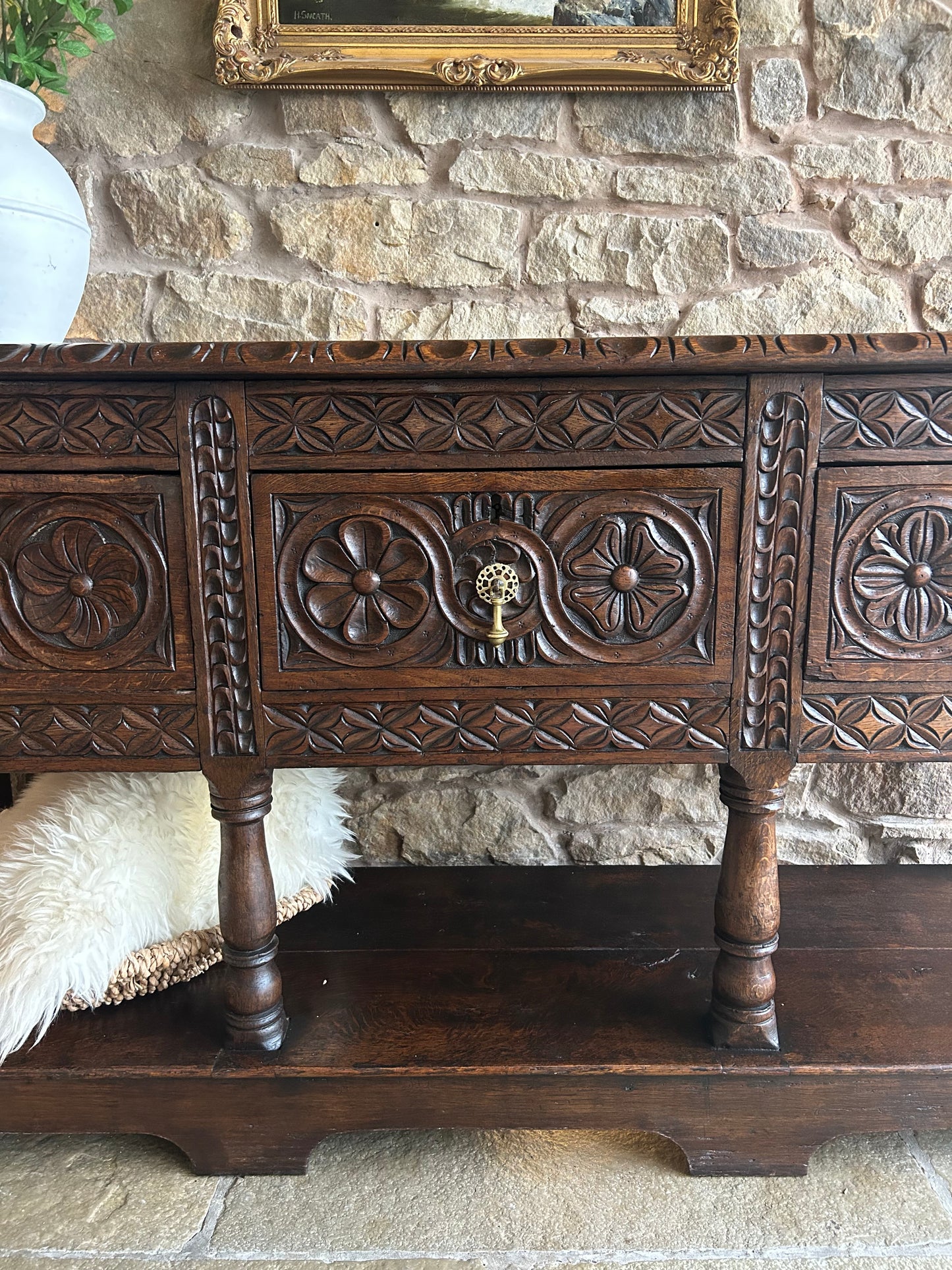 1700s Antique Solid Oak Console Table sideboard with beautiful hand carved detailing.