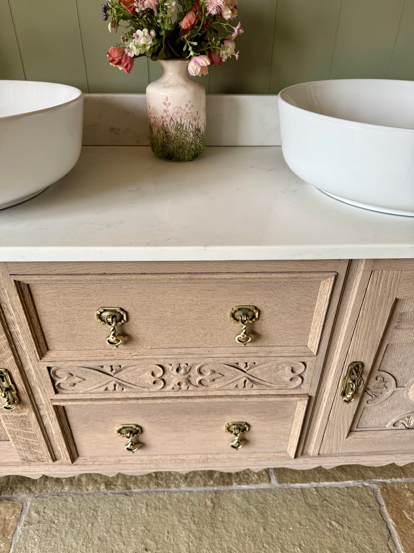 Vintage Solid Oak Double Vanity Sink, Carrara Quartz top and two basins. (137cm wide)