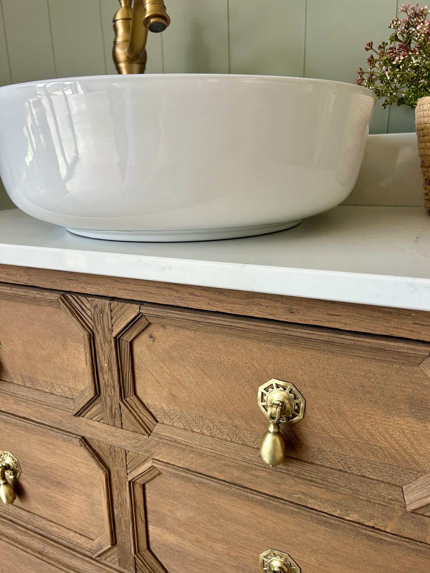 Vintage SolidOak Vanity Sink, Carrara Quartz top, Upstand and countertop basin. (76cm wide)