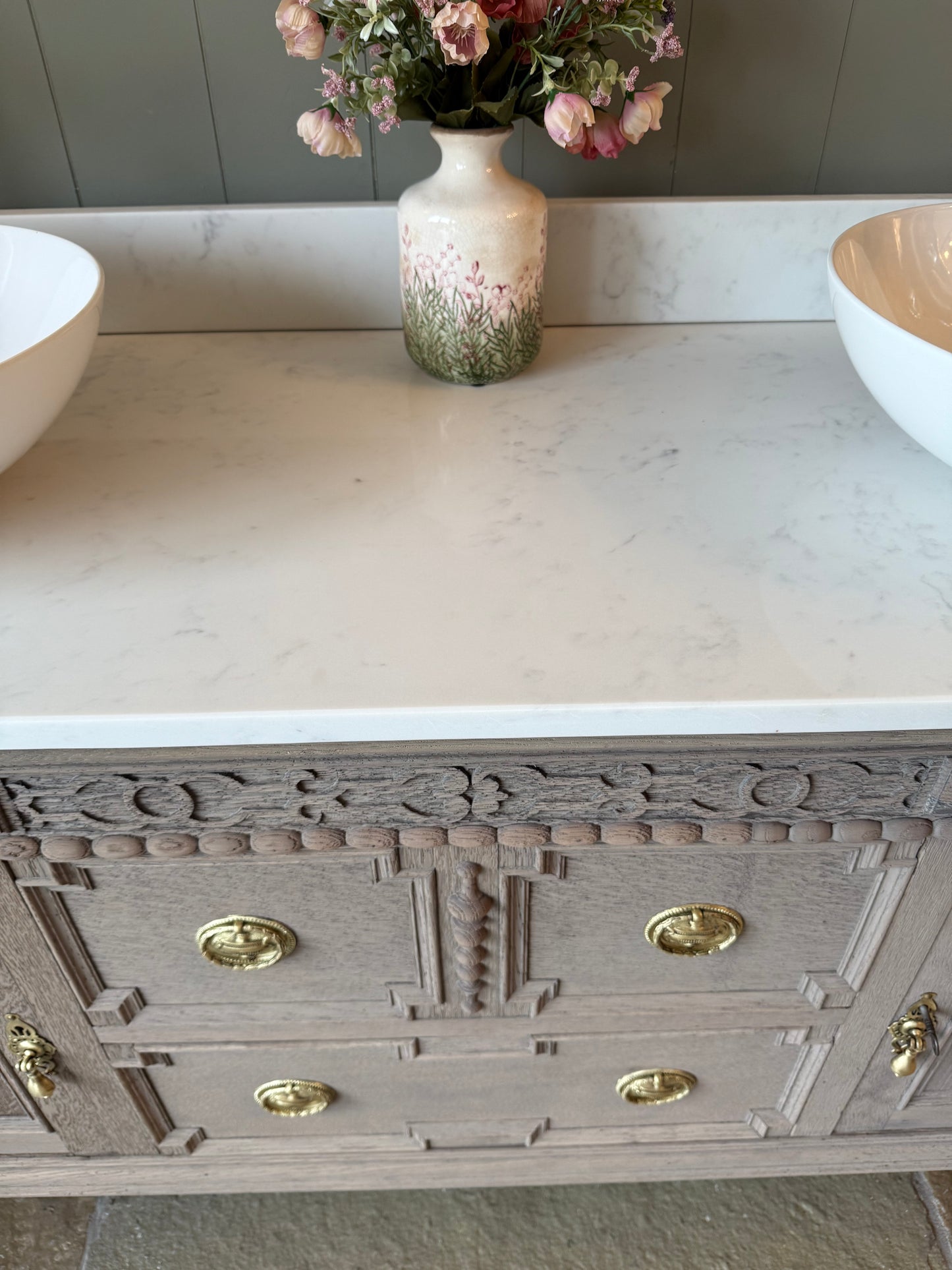 Large Vintage Light Solid Oak Vanity Sink, Carrara Quartz top, Upstand and two basins. (153cm wide)
