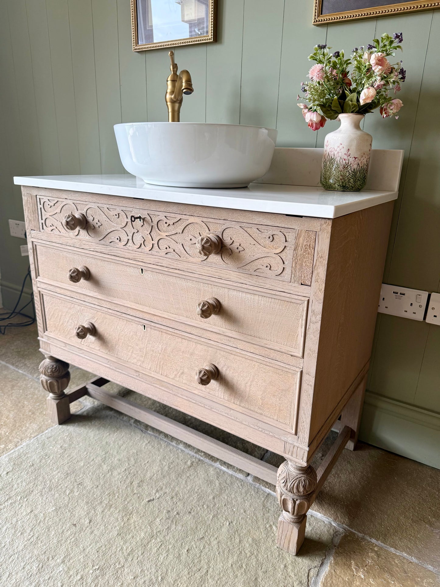 Ornate Light Oak Vanity Sink, Carrara Quartz top, Upstand and basin (90.5cm wide)