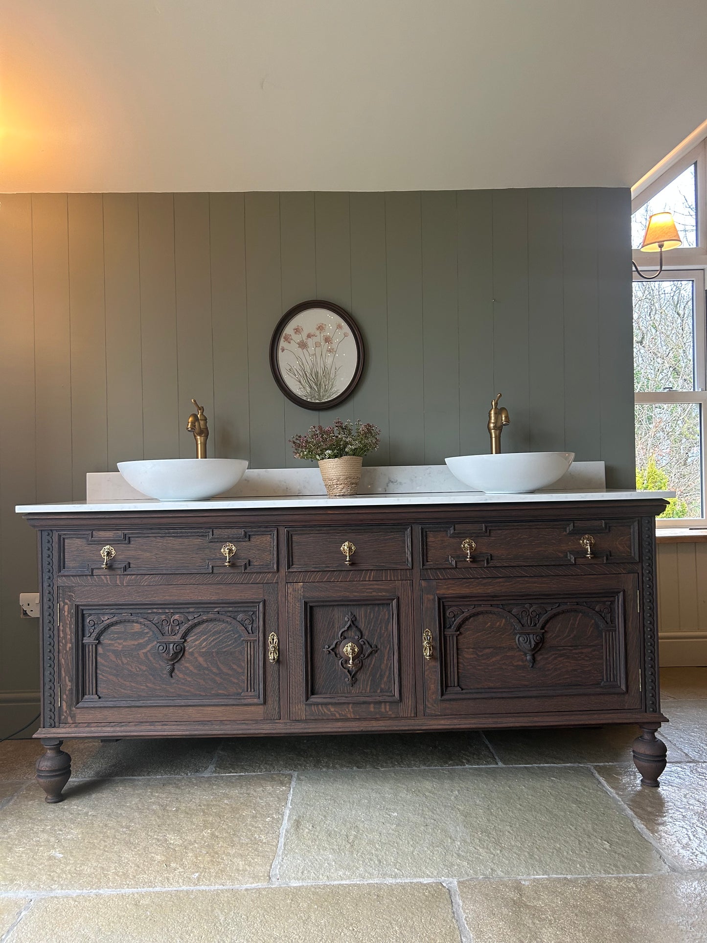 Large Vintage Double Vanity Sink 185cm in Dark Oak, Quartz top, Upstand and Basins