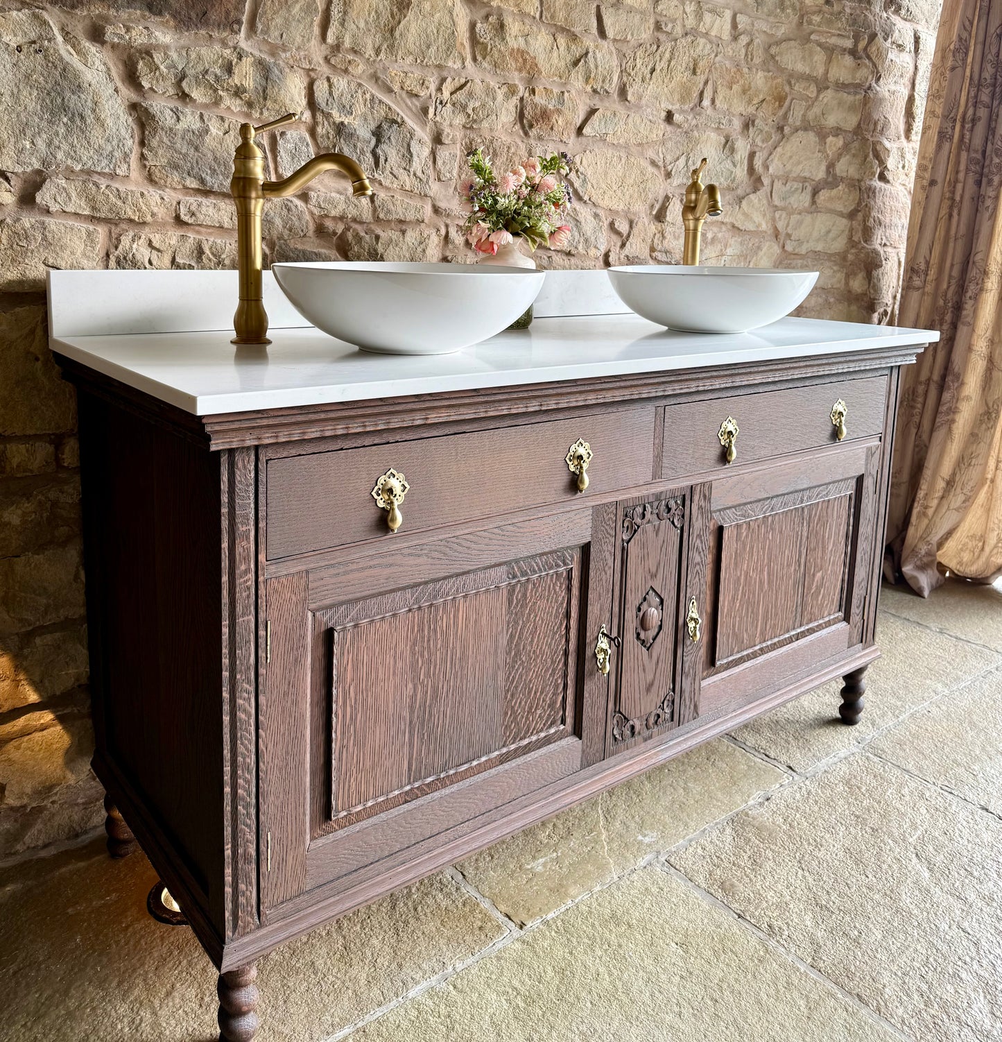 Vintage Solid Oak Vanity Sink, in a Classic Dark Oak, Quartz Top, Upstand and two basins