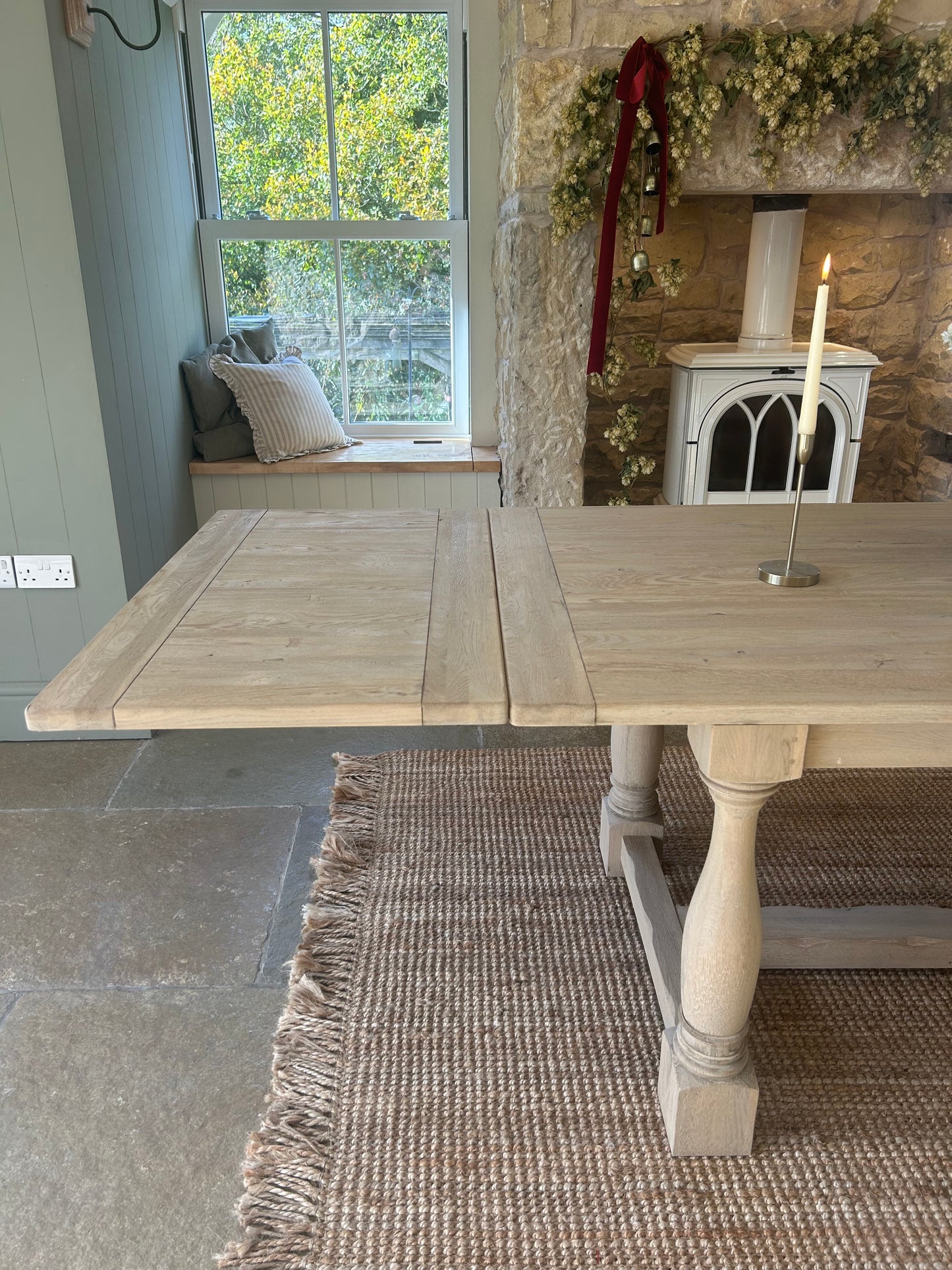 Large Extending Solid Oak Dining table refinished in a light weathered oak. (183cm-290cm)