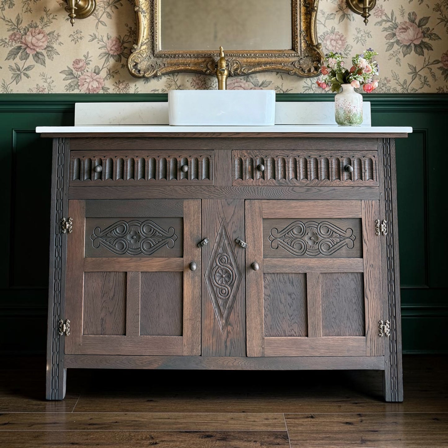 Vintage Classic Dark Oak Vanity Sink Unit, Carrara Quartz top, Upstand and Basin (132cm wide)