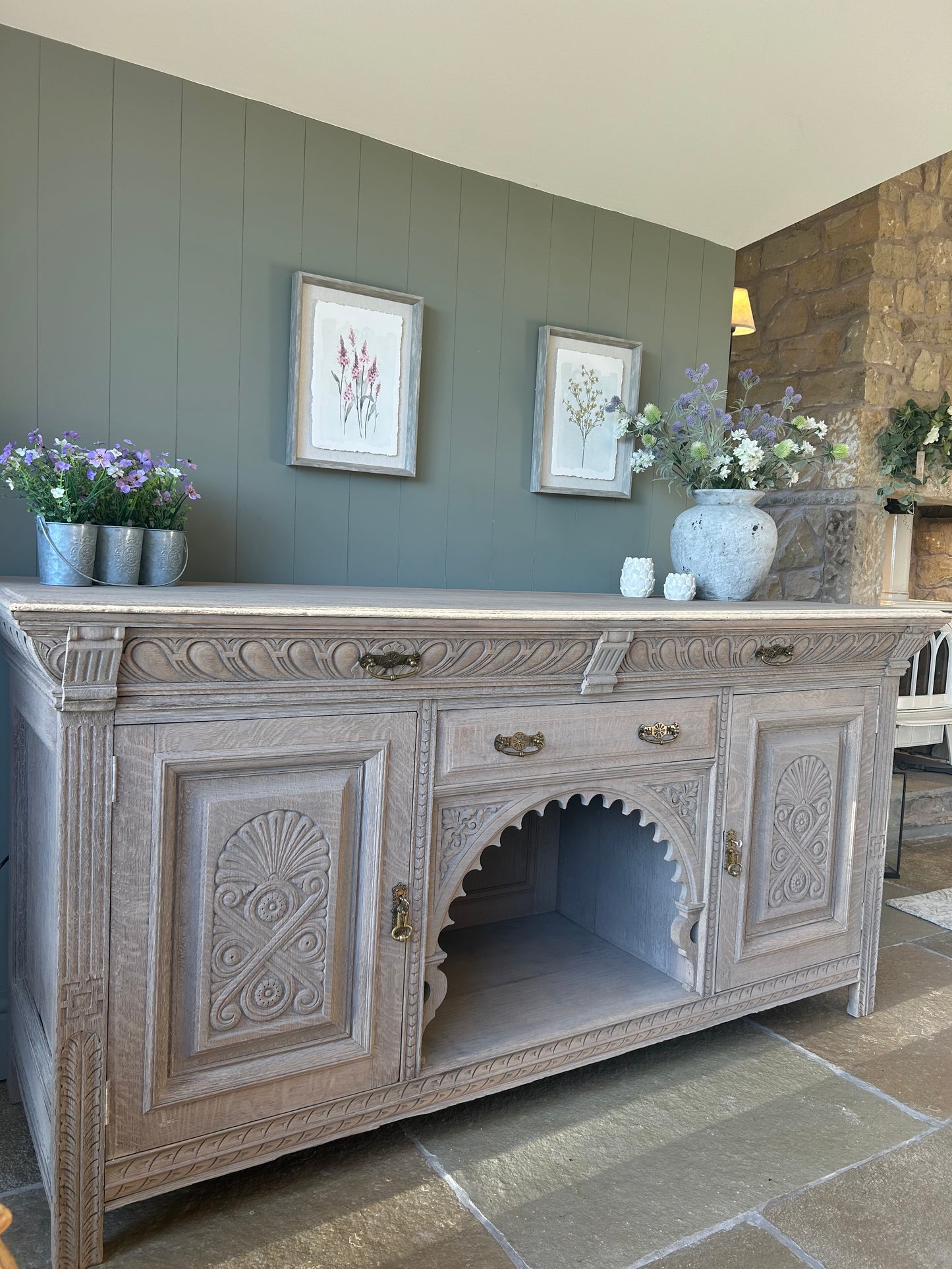 Large Vintage Weathered Oak Sideboard with Ornate Detailing.