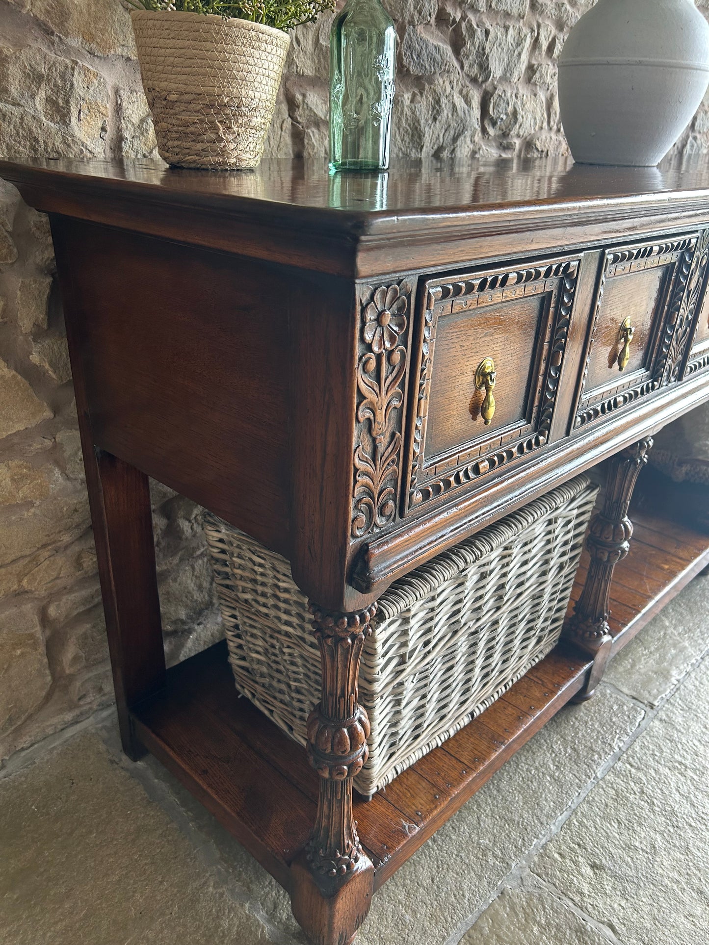 Antique 1880s Solid Dark Oak Console Sideboard