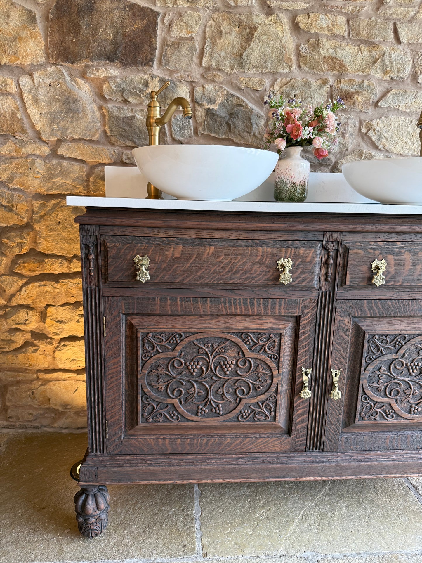 Vintage Ornate Solid Oak Double Or Single Vanity Sink Unit, Carrara Quartz Top, Upstand and two basins (126cm wide)
