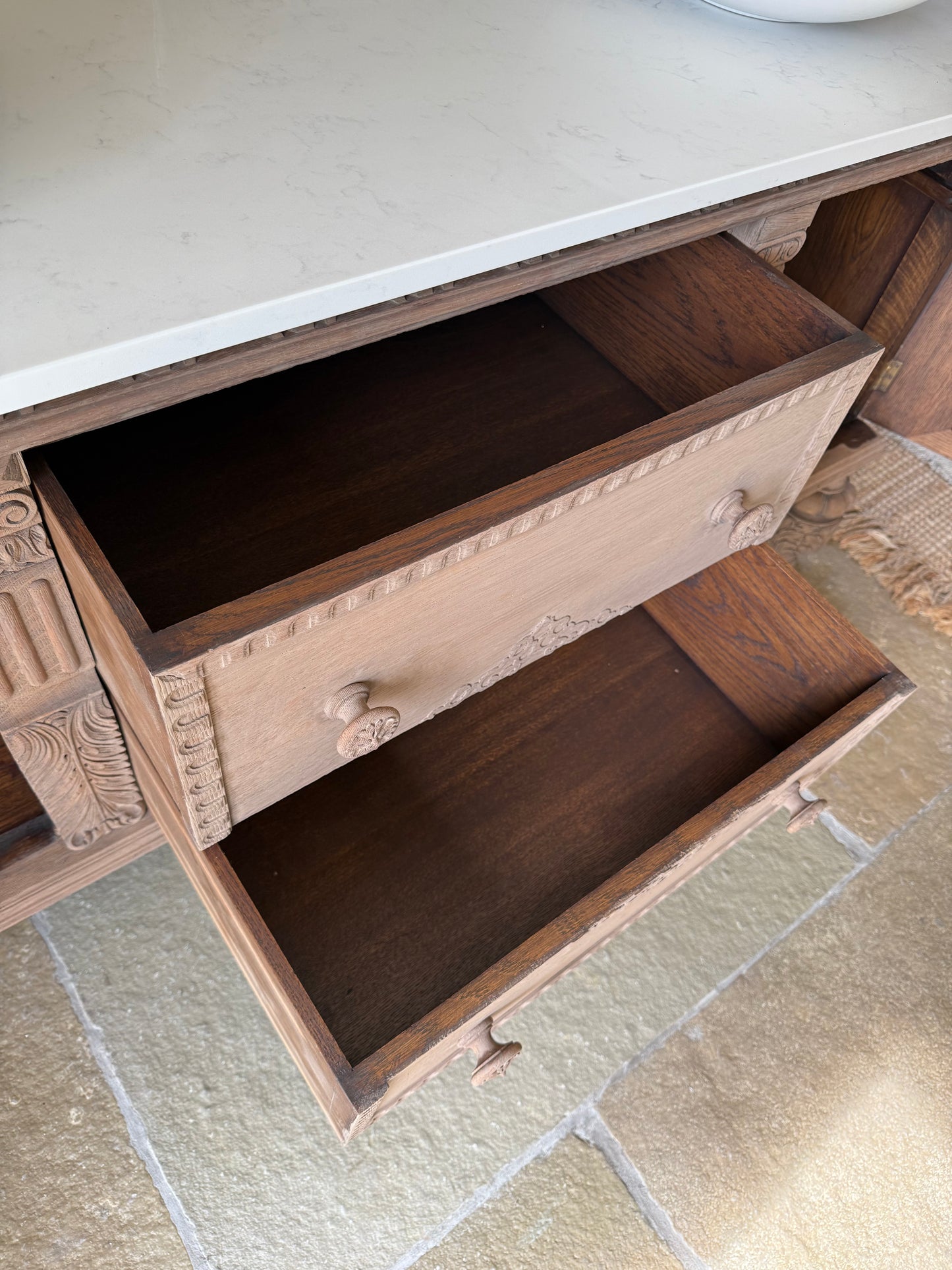 Large Antique Solid Oak Vanity Sink, Carrara Quartz top, Upstand and two basins. (168cm wide)