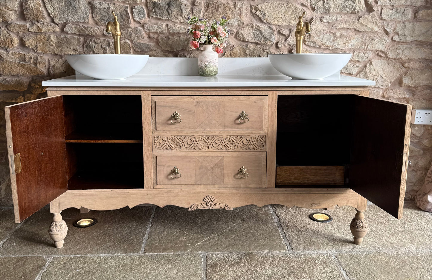 Vintage Oak (walnut inlay) Double Vanity Sink Unit, Carrara Quartz Top, Upstand and two basins. (152cm wide)