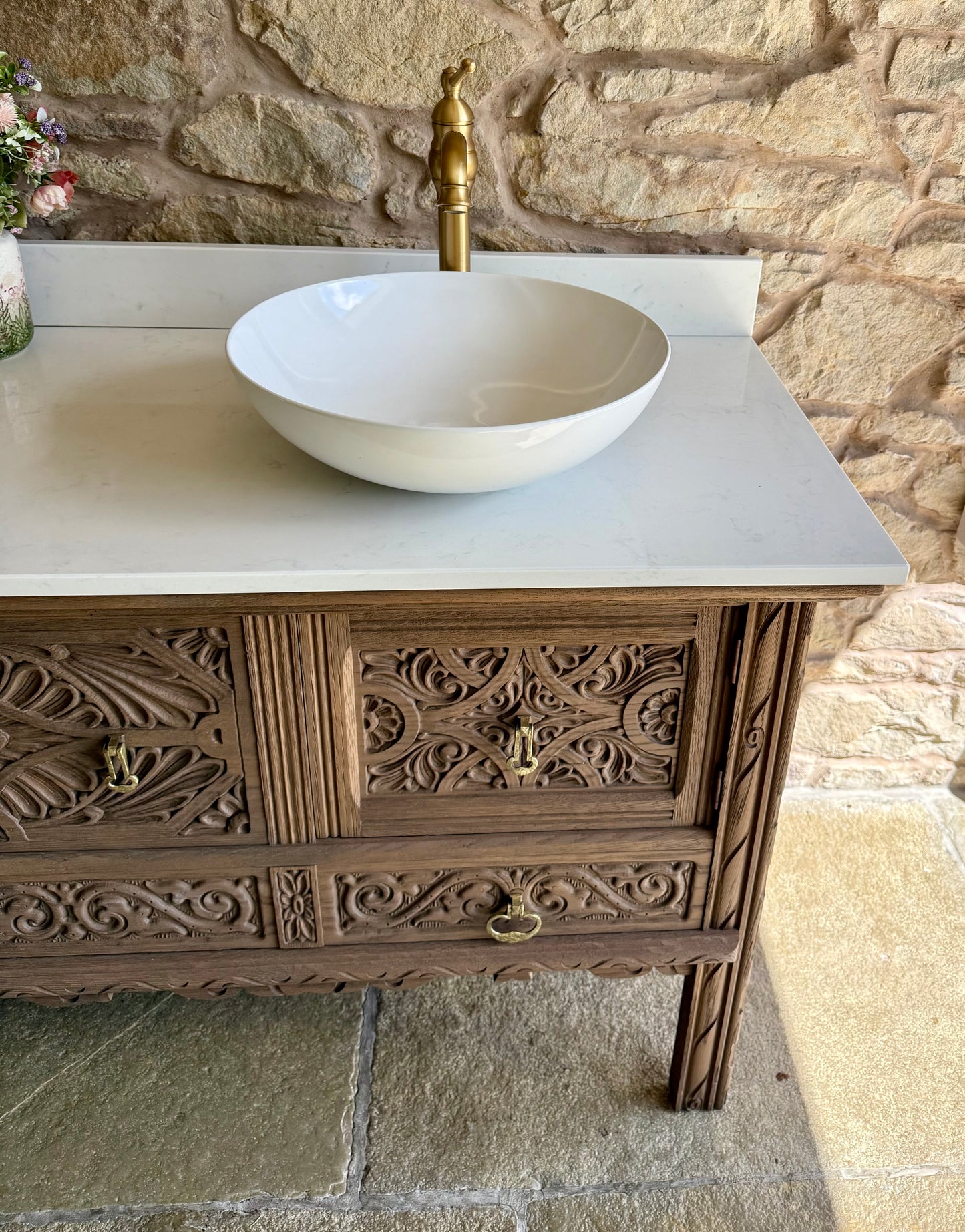 Large Ornate Warm Oak Vintage Vanity Sink Unit, Carrara Quartz Worktop, Upstand and Two Basins (185cm wide)