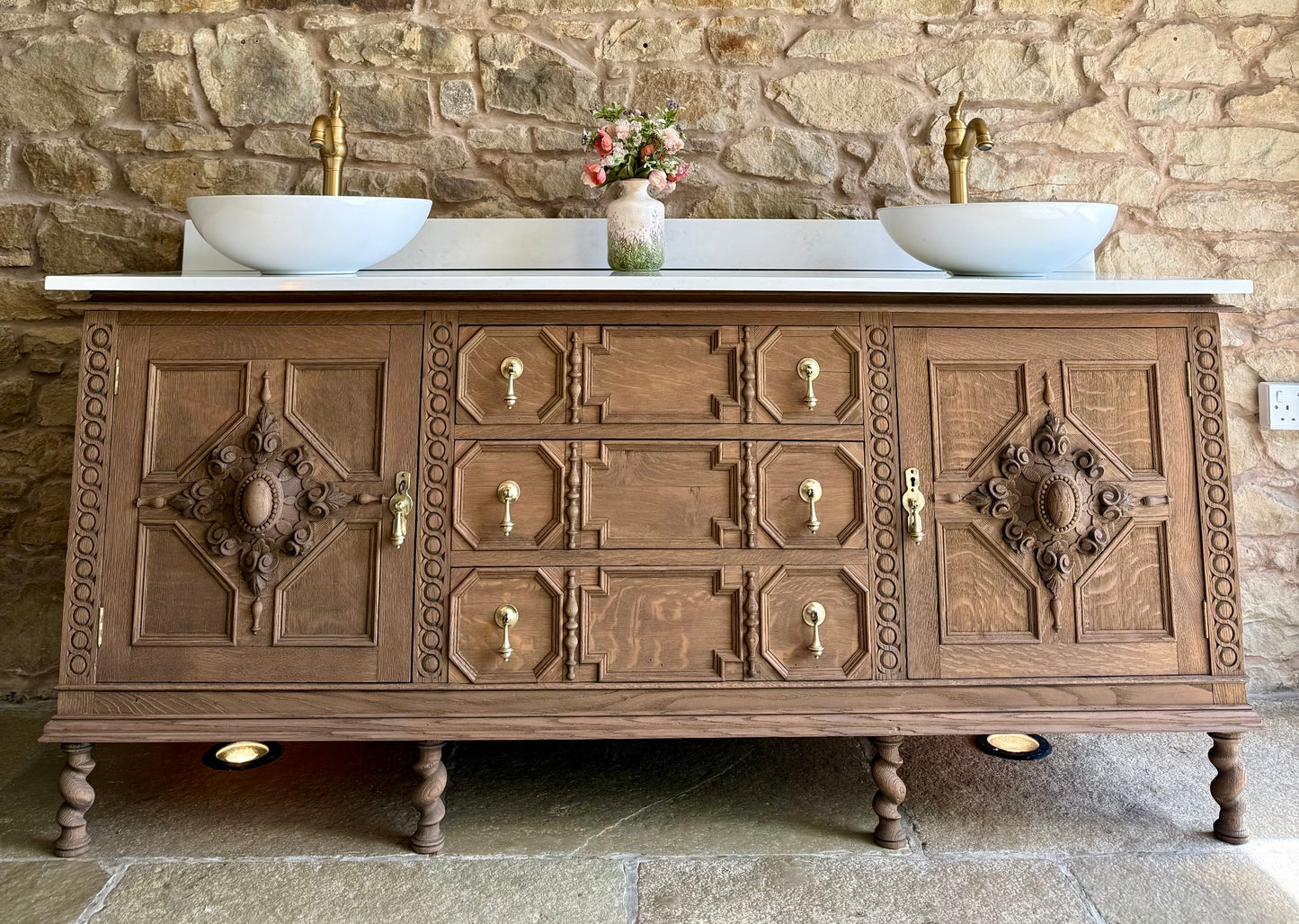 Large Carved Antique Solid Oak Vanity Sink Unit, Carrara Quartz Top, Upstand and TwoBasins.(182 cm wide)