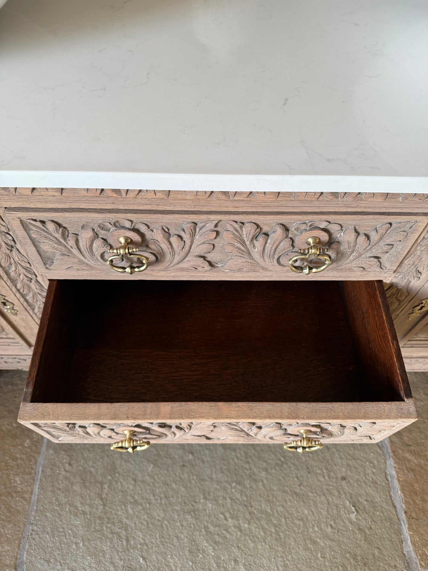 Large Pretty Antique Carved Oak vanity Sink, Carrara Quartz top, Upstand and two basins (154cm wide)
