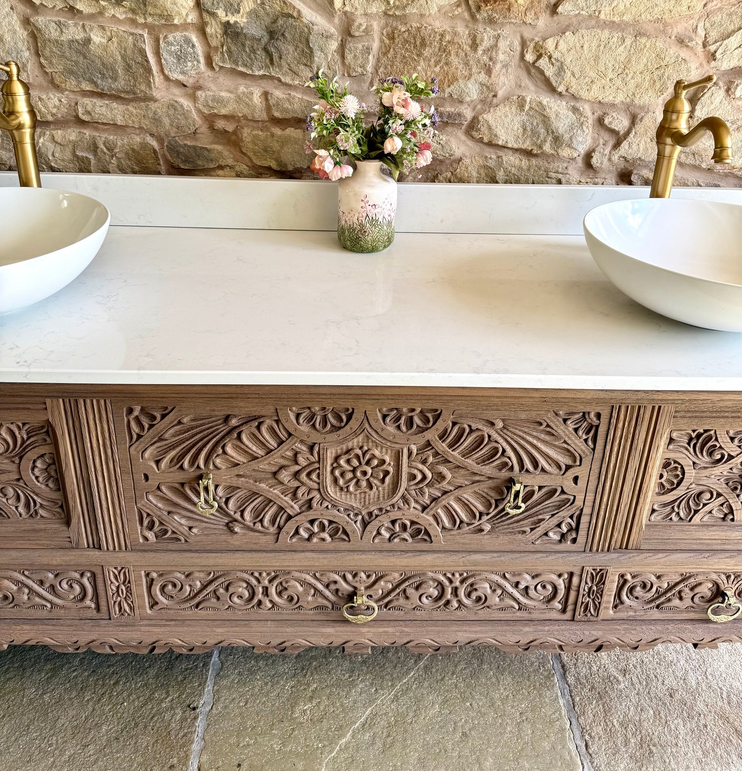 Large Ornate Warm Oak Vintage Vanity Sink Unit, Carrara Quartz Worktop, Upstand and Two Basins (185cm wide)
