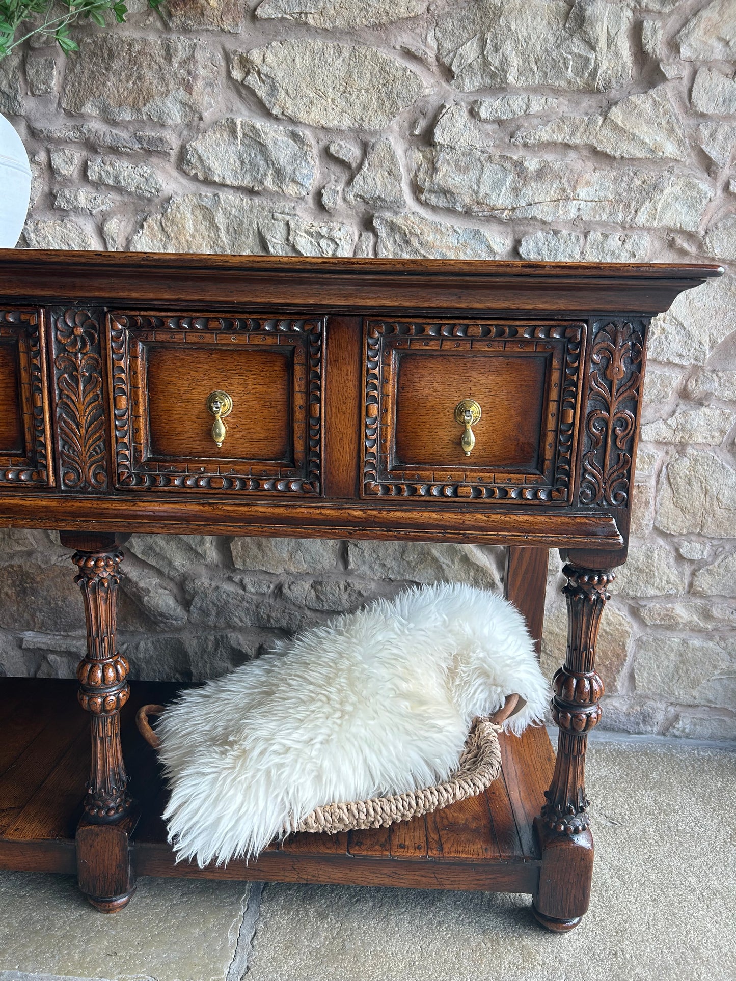 Antique 1880s Solid Dark Oak Console Sideboard