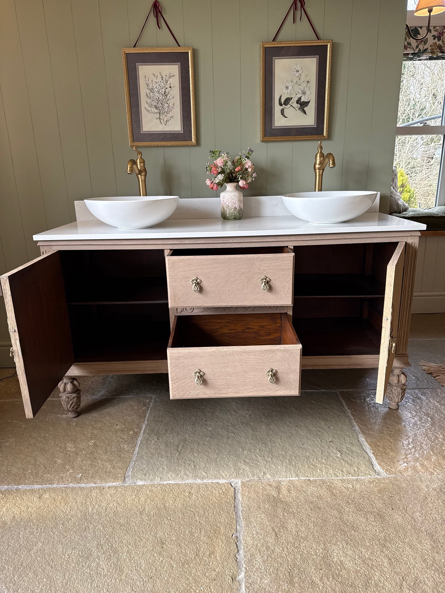 Beautiful, Vintage Solid Oak , Double Vanity Sink, Carrara Quartz top, Upstand and two basins (154.5cm wide)