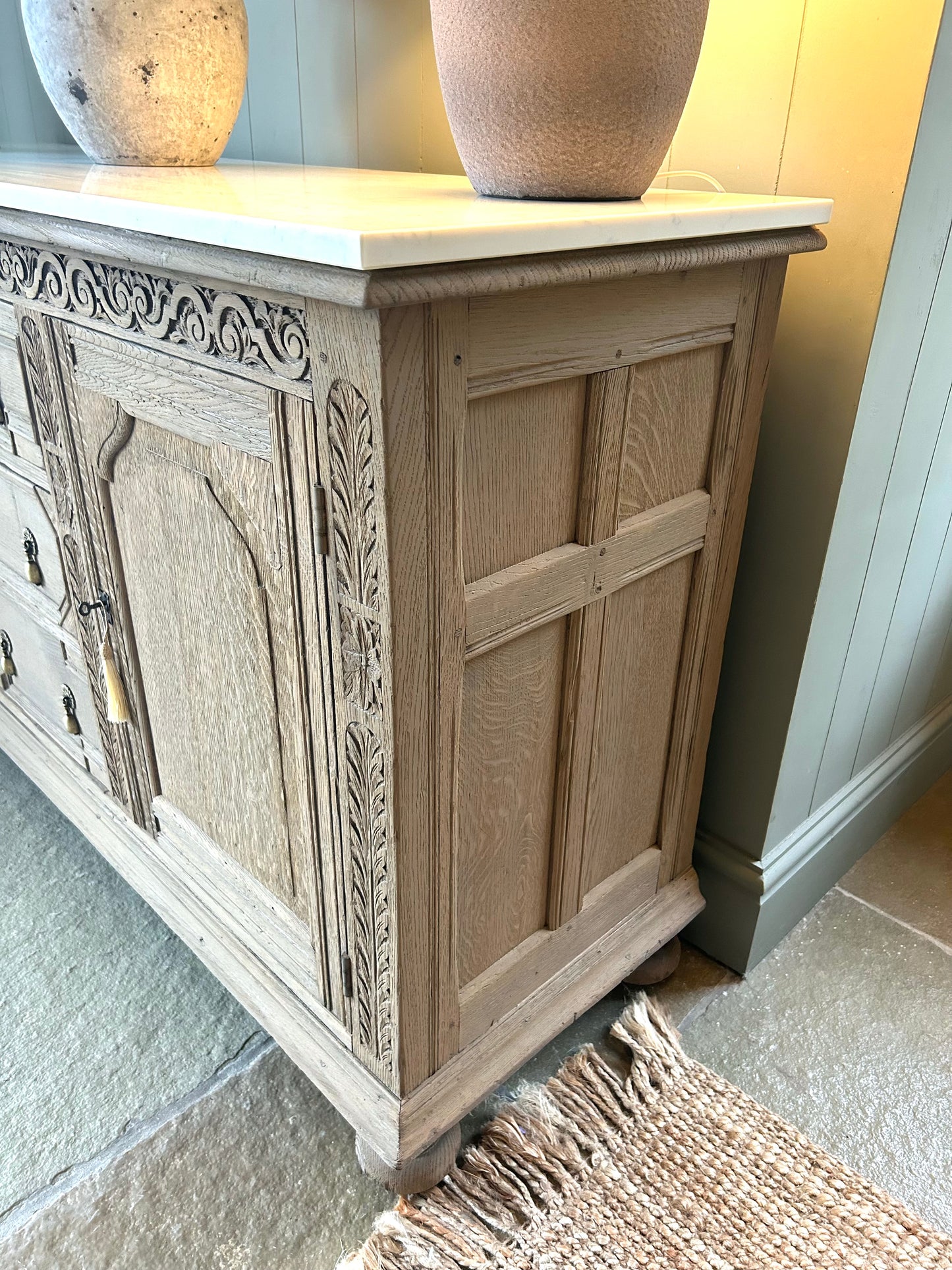 Large Antique Marble Quartz Top Sideboard finished in Weathered Oak Style.