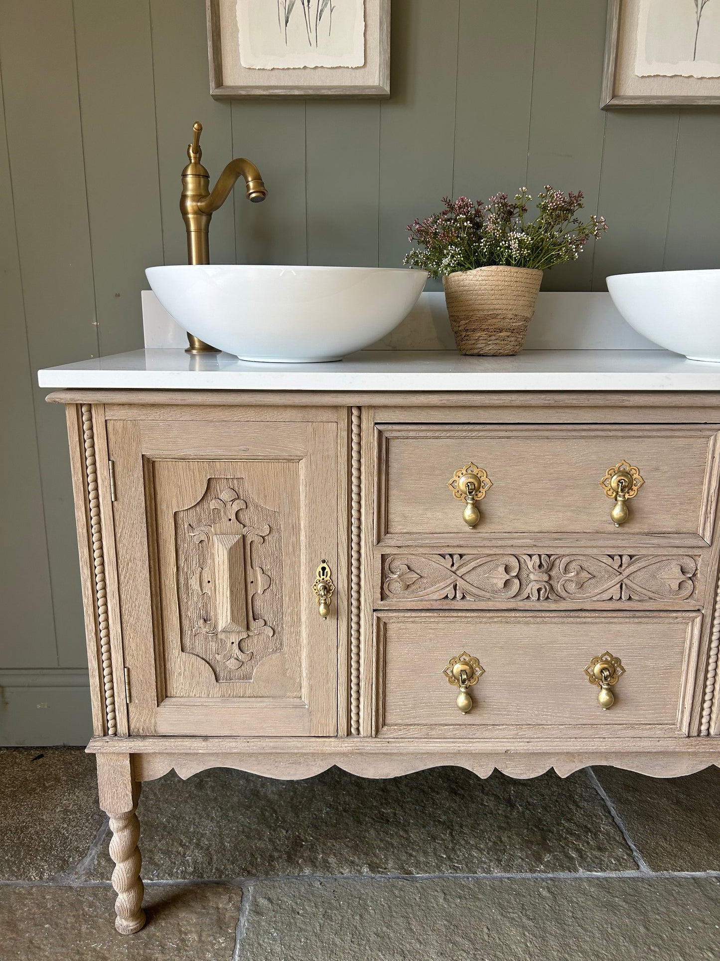 Double Vintage Oak Vanity Sink. Quartz top, Upstand and Basins 123cm wide