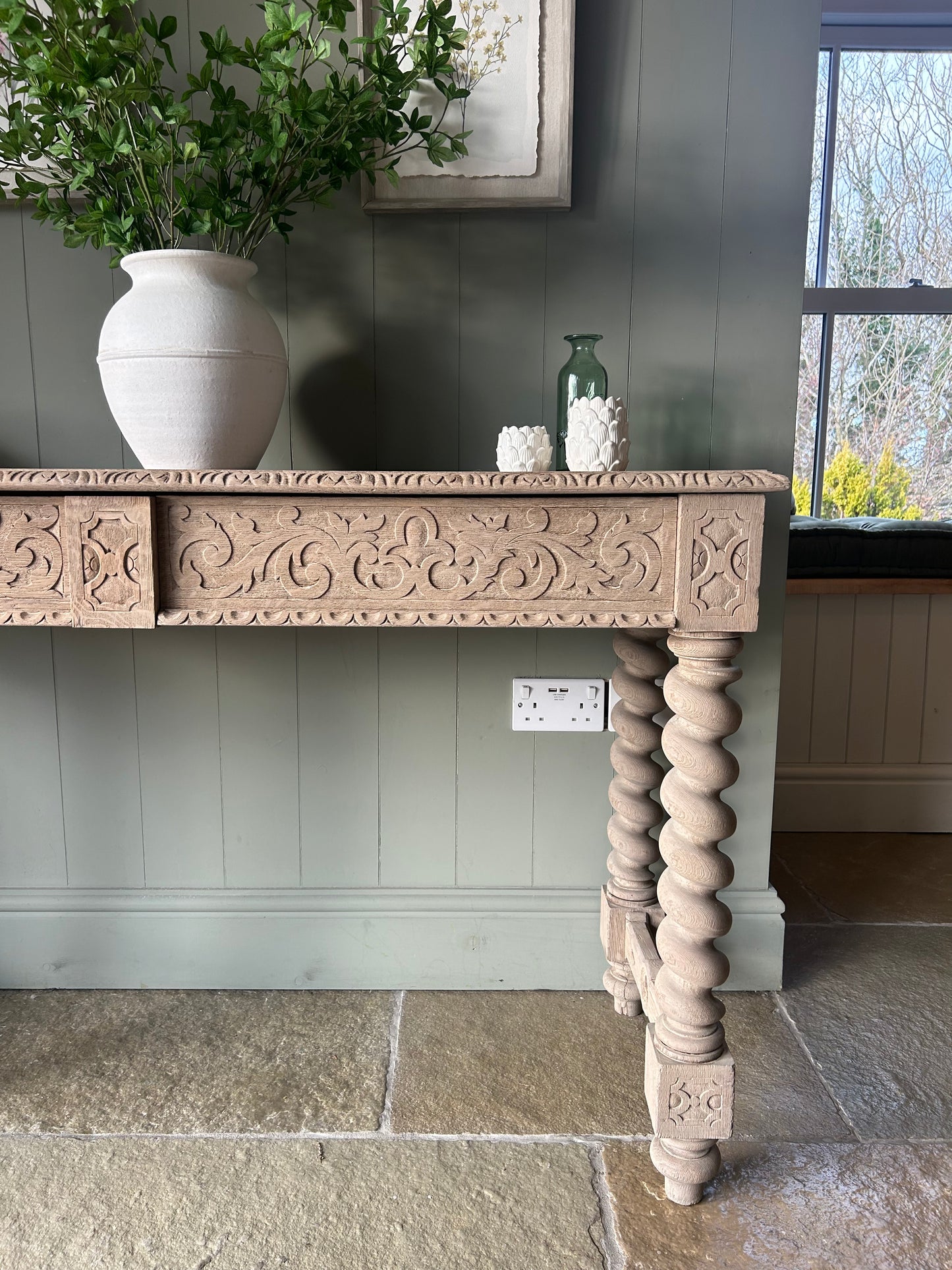 Large Carved Oak Console Table on symmetrical twist legs. 138cm Wide