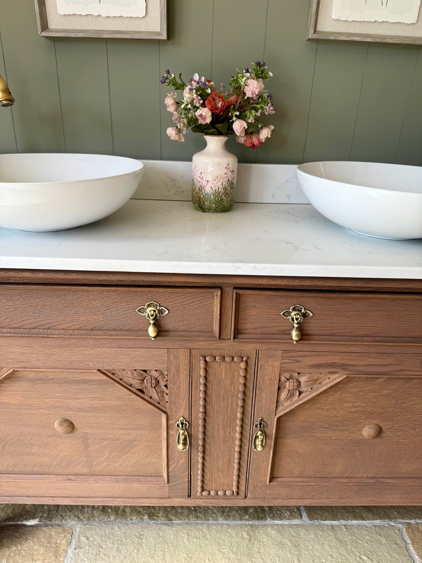 Beautiful Vintage  Double Vanity, Solid Oak, Carrara Quartz top, Upstand and Two basins.(139cm wide)