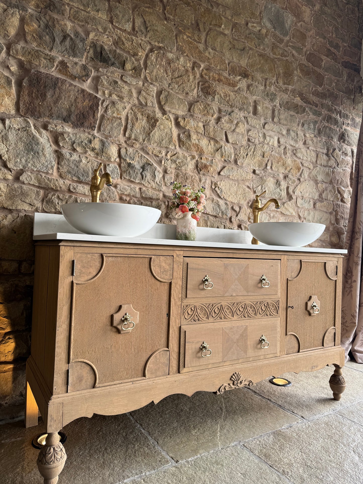 Vintage Oak (walnut inlay) Double Vanity Sink Unit, Carrara Quartz Top, Upstand and two basins. (152cm wide)