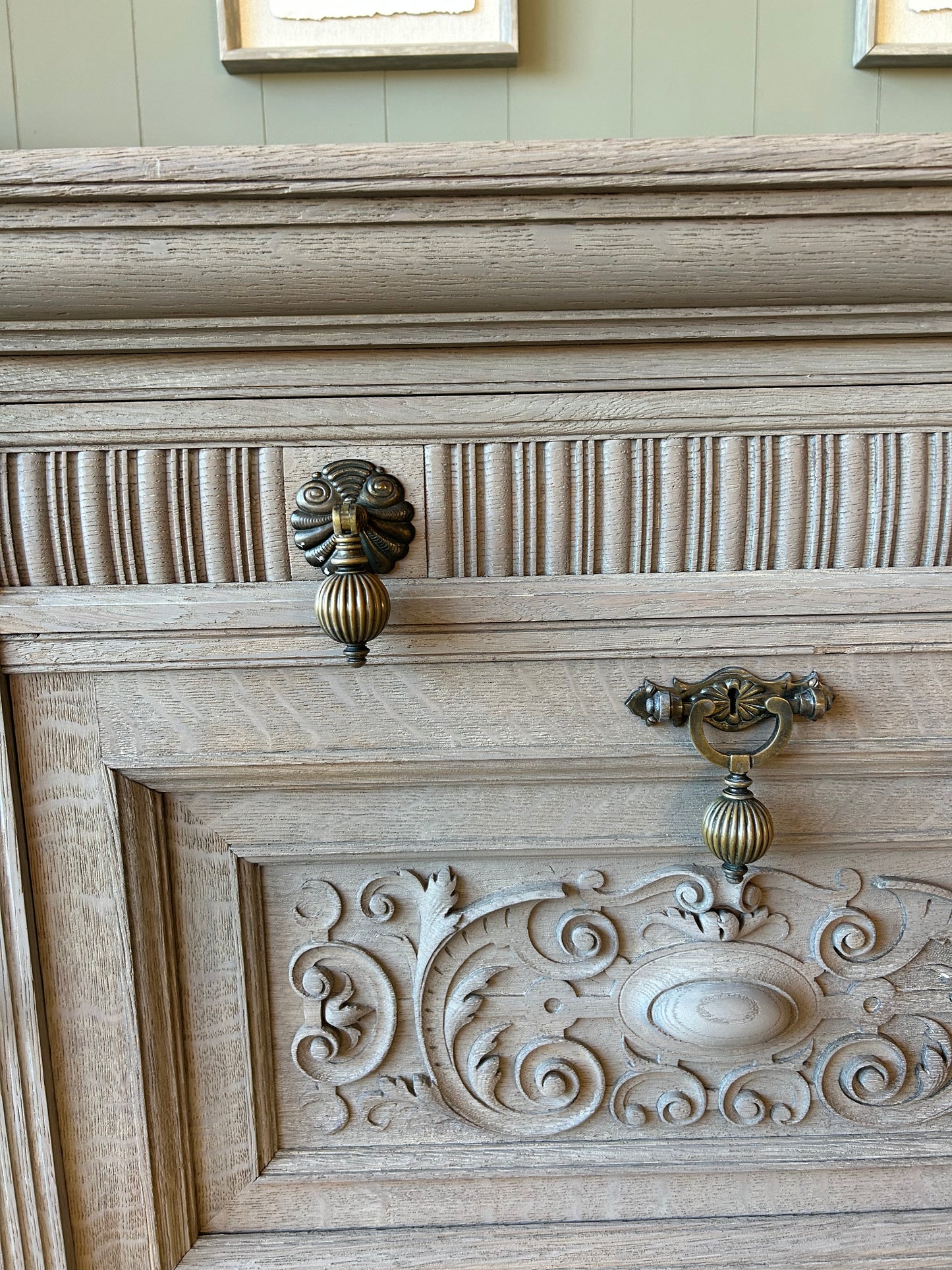Large Vintage Weathered Oak Sideboard with Swirl Carvings and Brass Handles. Maple and Co.