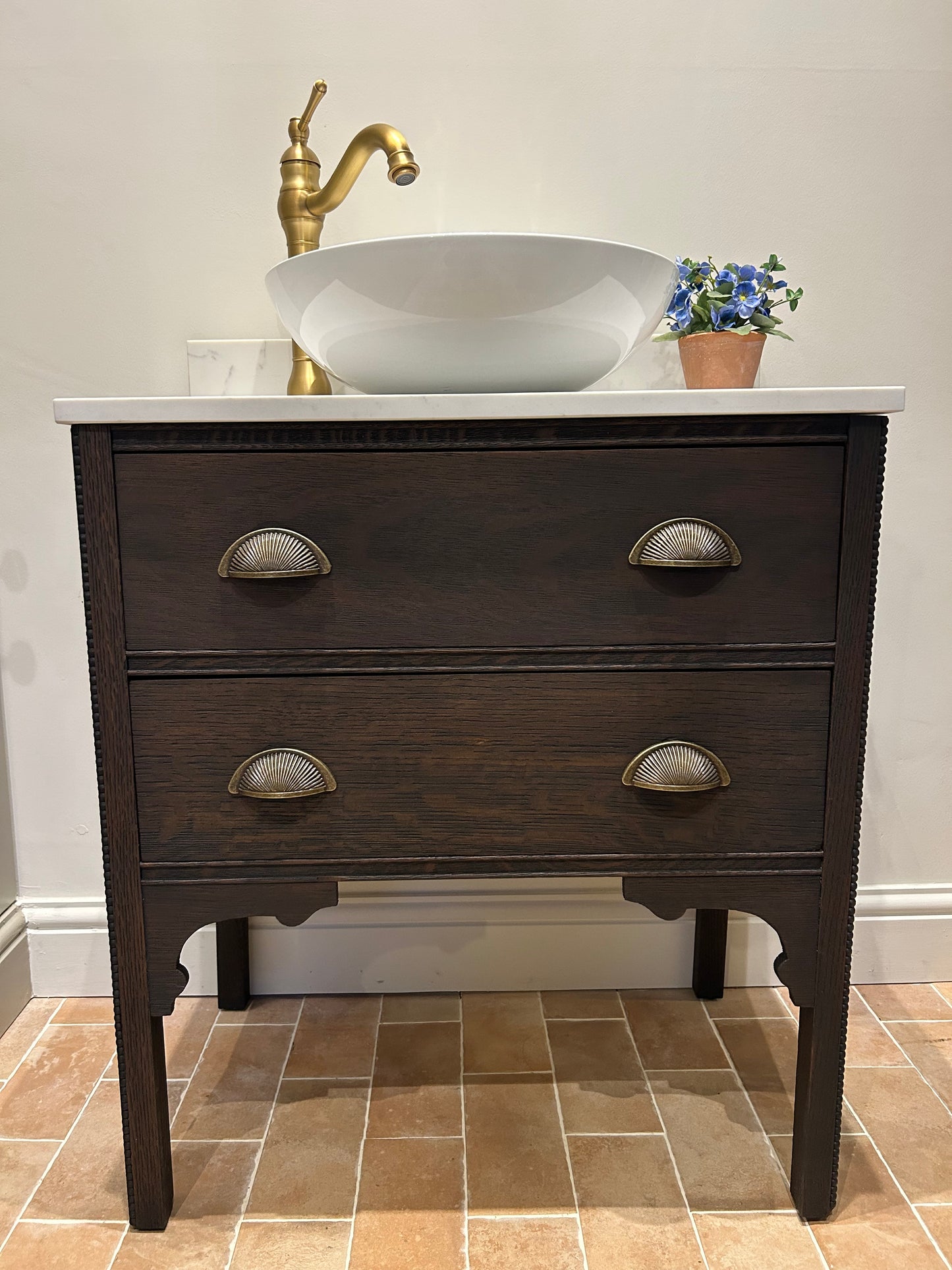 Small Vanity Sink with quartz top, Upstand and countertop basin 69.5cm wide