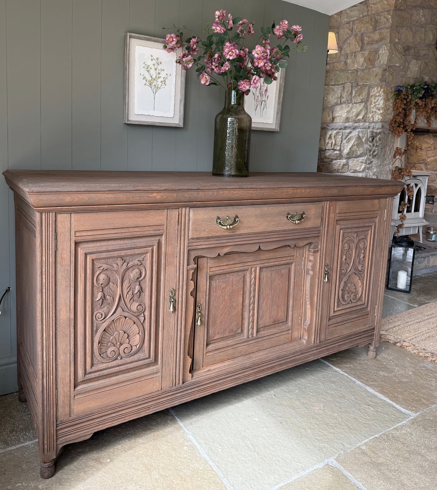 Large Antique Solid Oak Sideboard with beautiful carved detailing