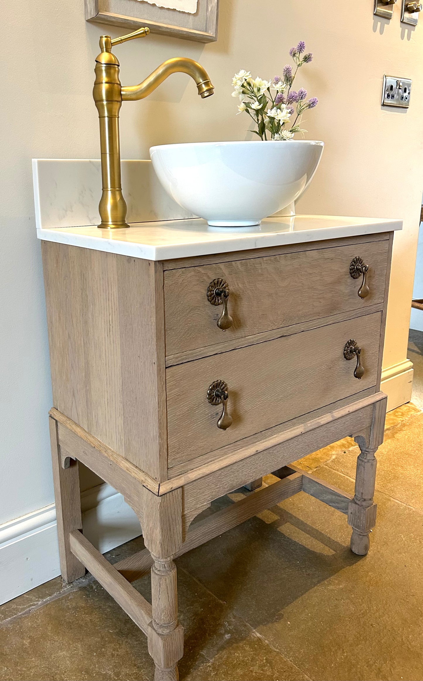 Small Marble Quartz top vanity Sink unit. Weathered Solid Oak 60cm wide