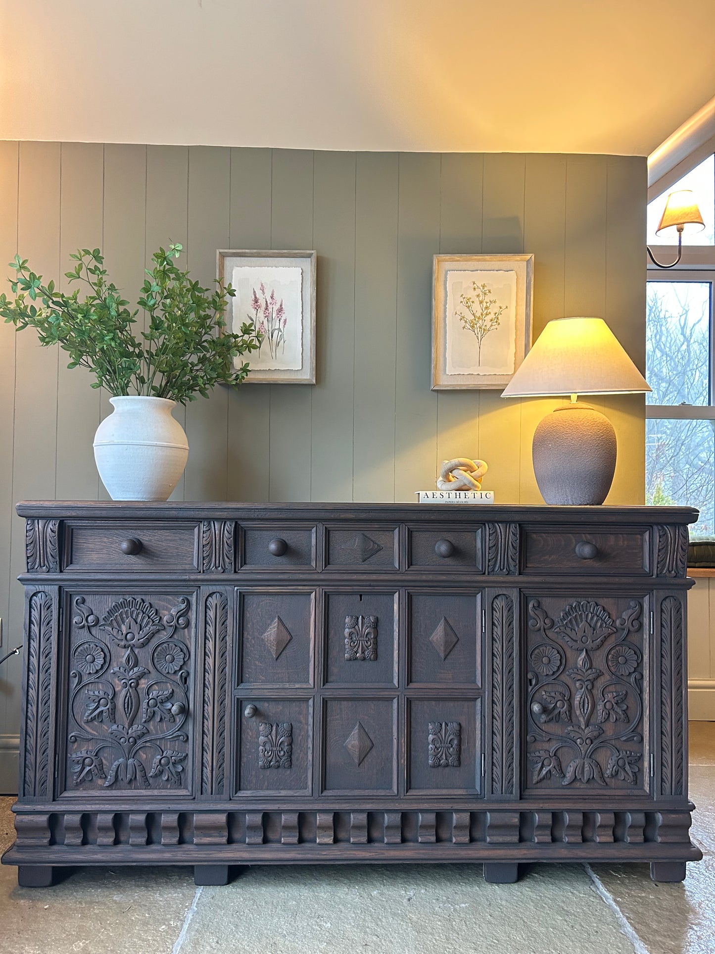 Large Antique Dark Oak Sideboard. Solid Oak