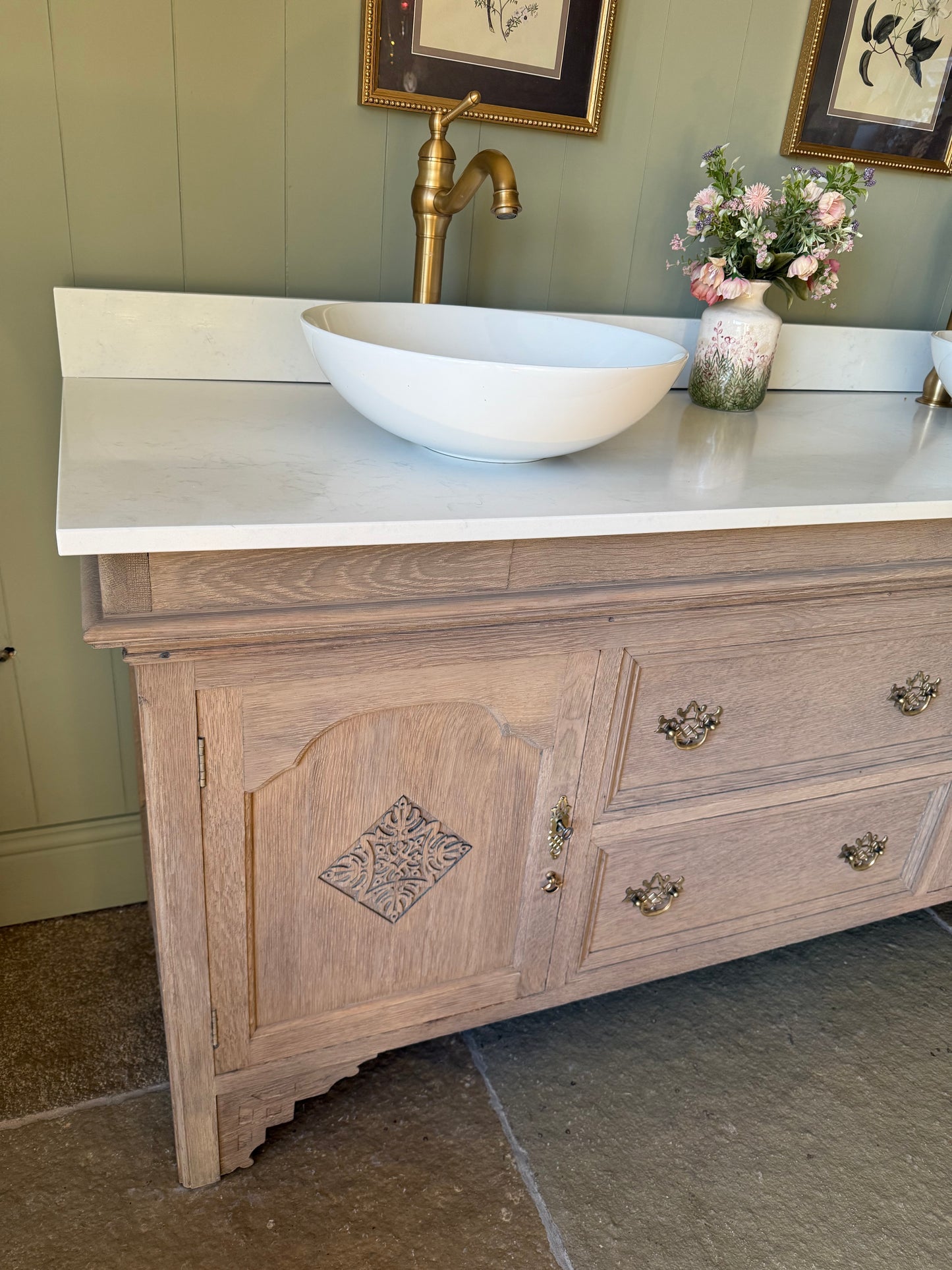 Large Vintage Vanity Sink, Carrara Quartz top, Upstand and two basins (168cm wide)