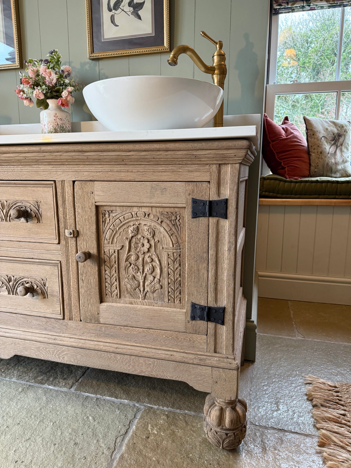Vintage Solid Oak Double Vanity Sink Unit, Quartz Top, Upstand and two basins