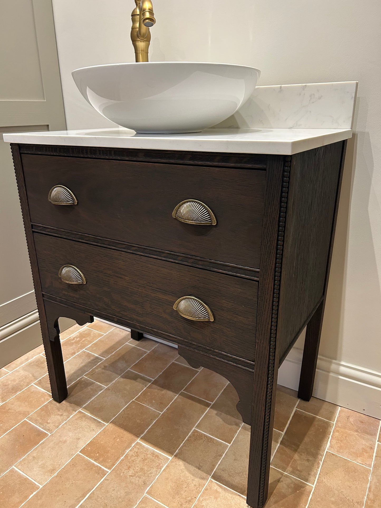 Small Vanity Sink with quartz top, Upstand and countertop basin 69.5cm wide