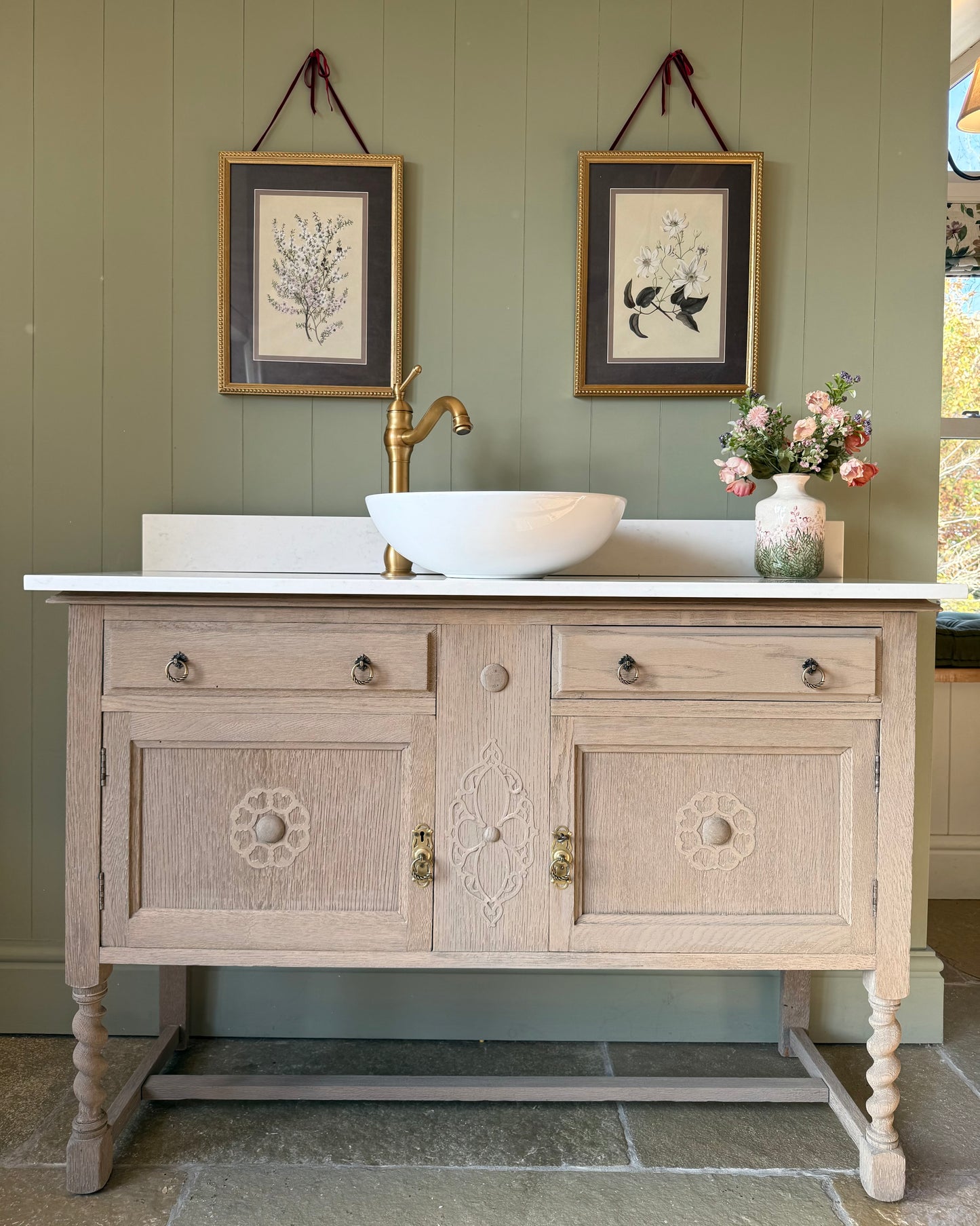 Light oak Vintage Double or Single Vanity Sink Unit, Quartz top, Upstand.
