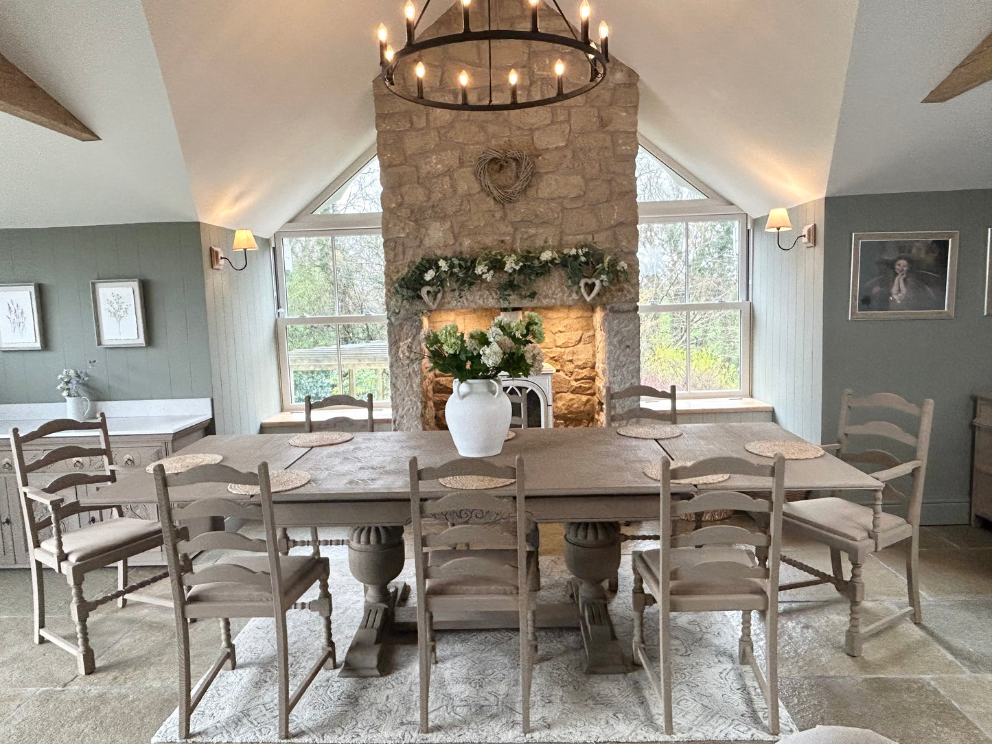 Extra Large Extending 280cm Solid Oak Dining Table with 8 chairs Set finished in a Weathered Oak style.