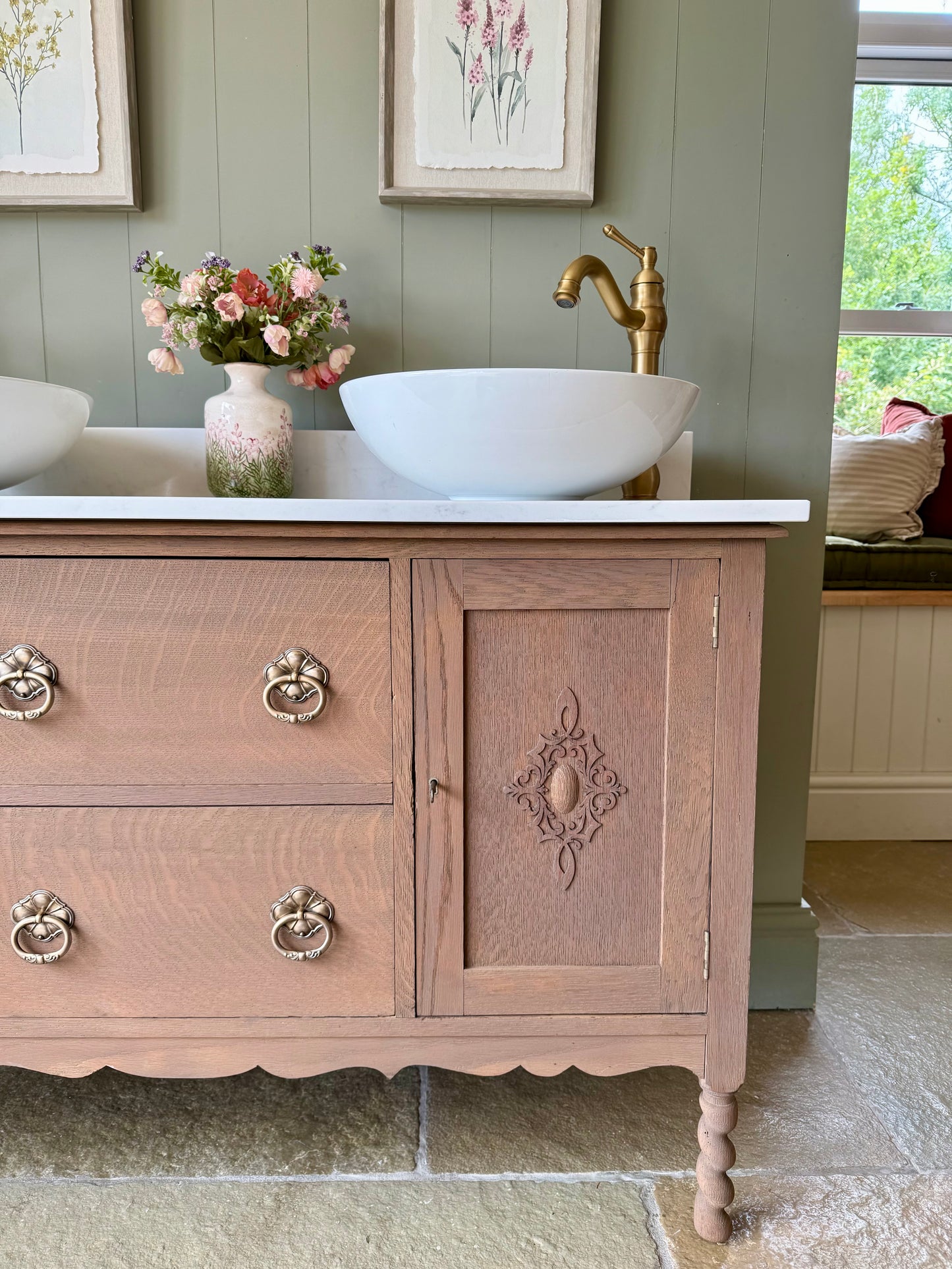 Double Vanity Sink in Mid Oak, Carrara Quartz top, Upstand and two basins (124cm wide)